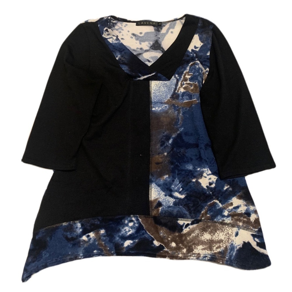 ⚡️LAVENA Abstract Blue & Black Split Hem Tunic Top LG